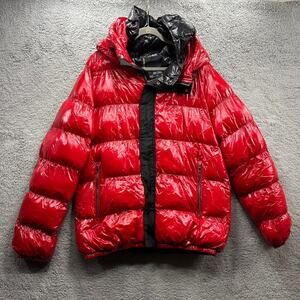 Robert Phillipe High Shine Puffer Nylon Jacket Men 2XL Hooded Full Zip Red Black